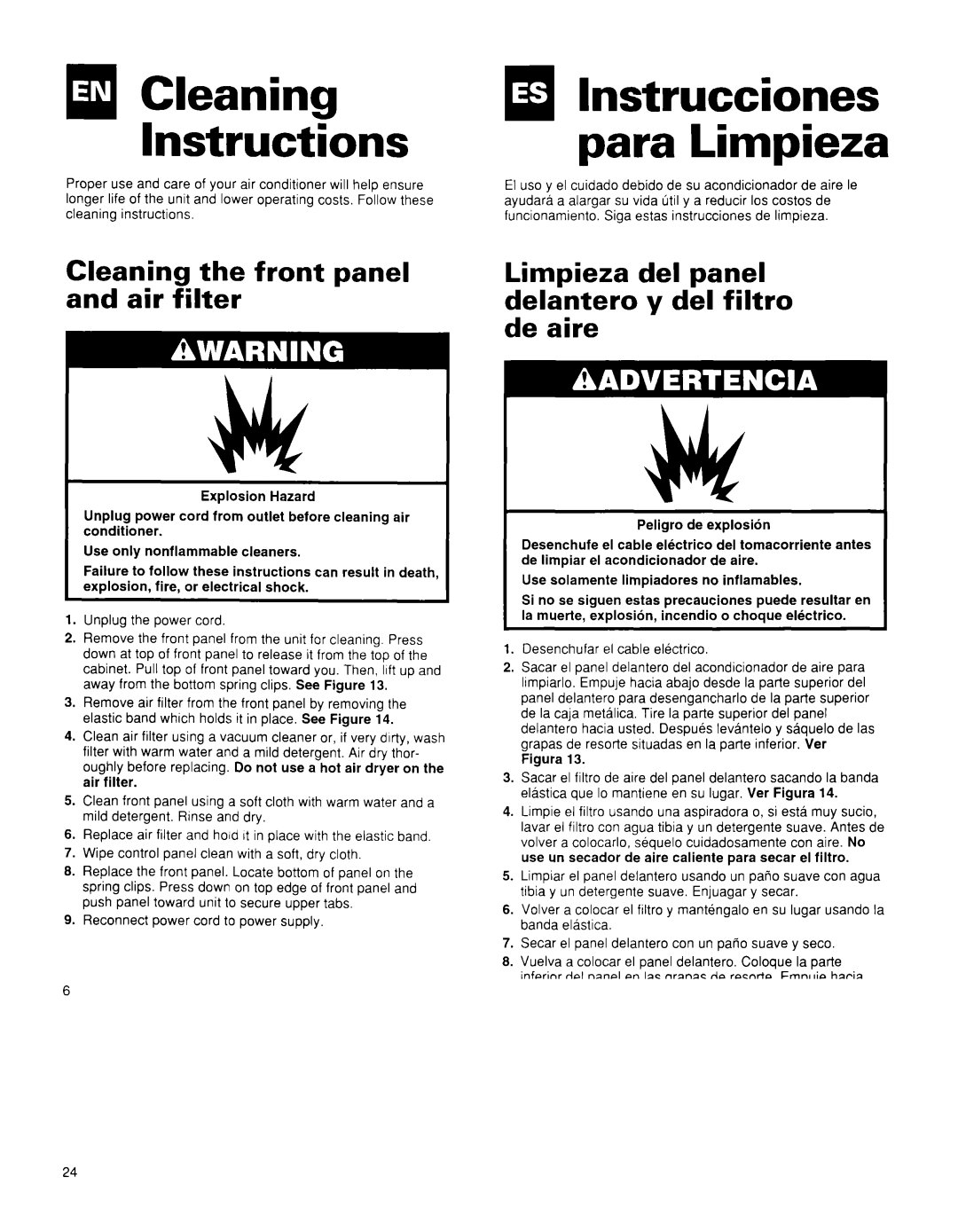 Whirlpool BHAC0600BS0 manual Cleaning Instructions, Cleaning Front Panel Limpieza, Air Filter Delantero Del filtro De aire 