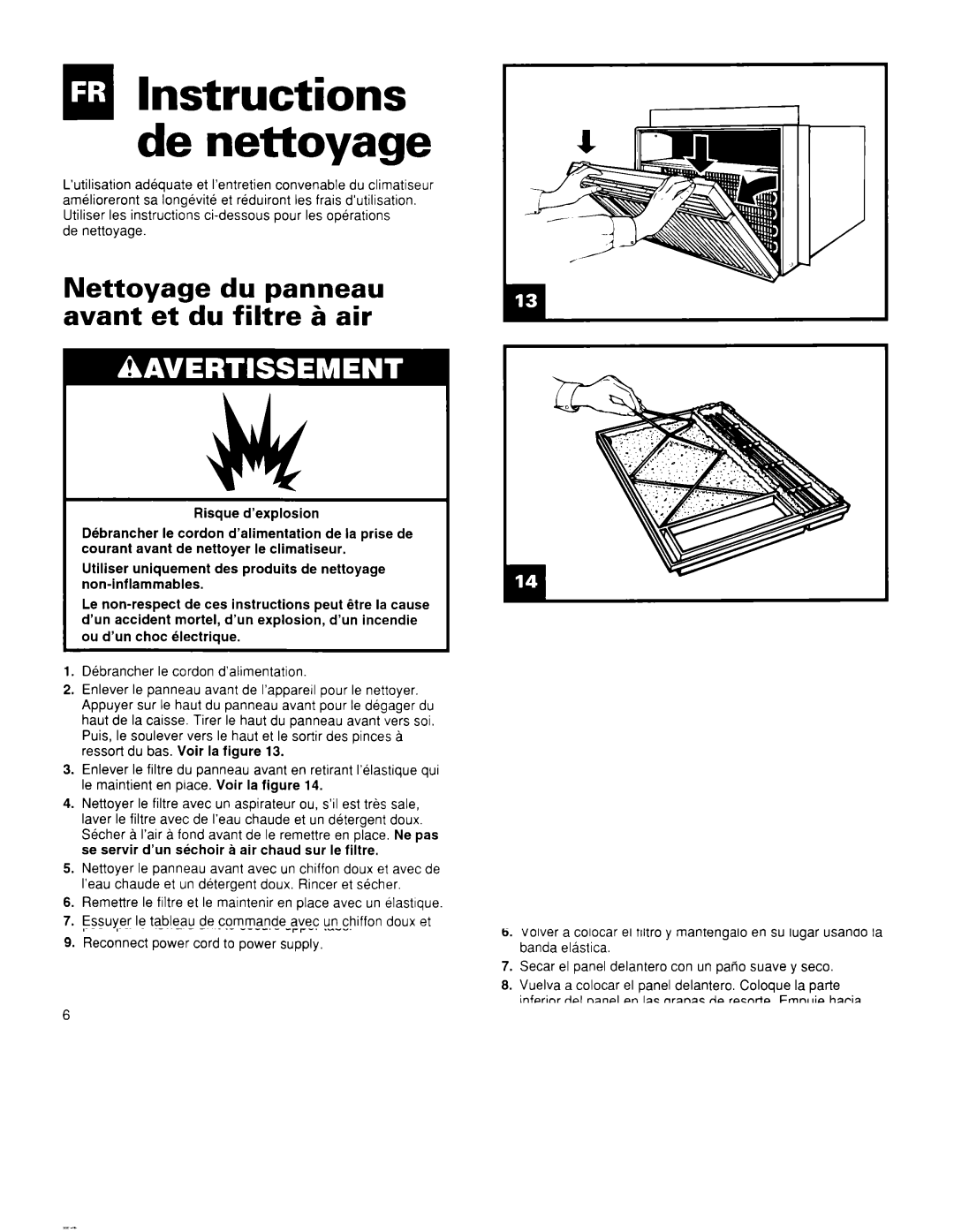 Whirlpool BHAC0600BS0 manual Nettoyage du panneau avant et du filtre & air, De nettoyage 