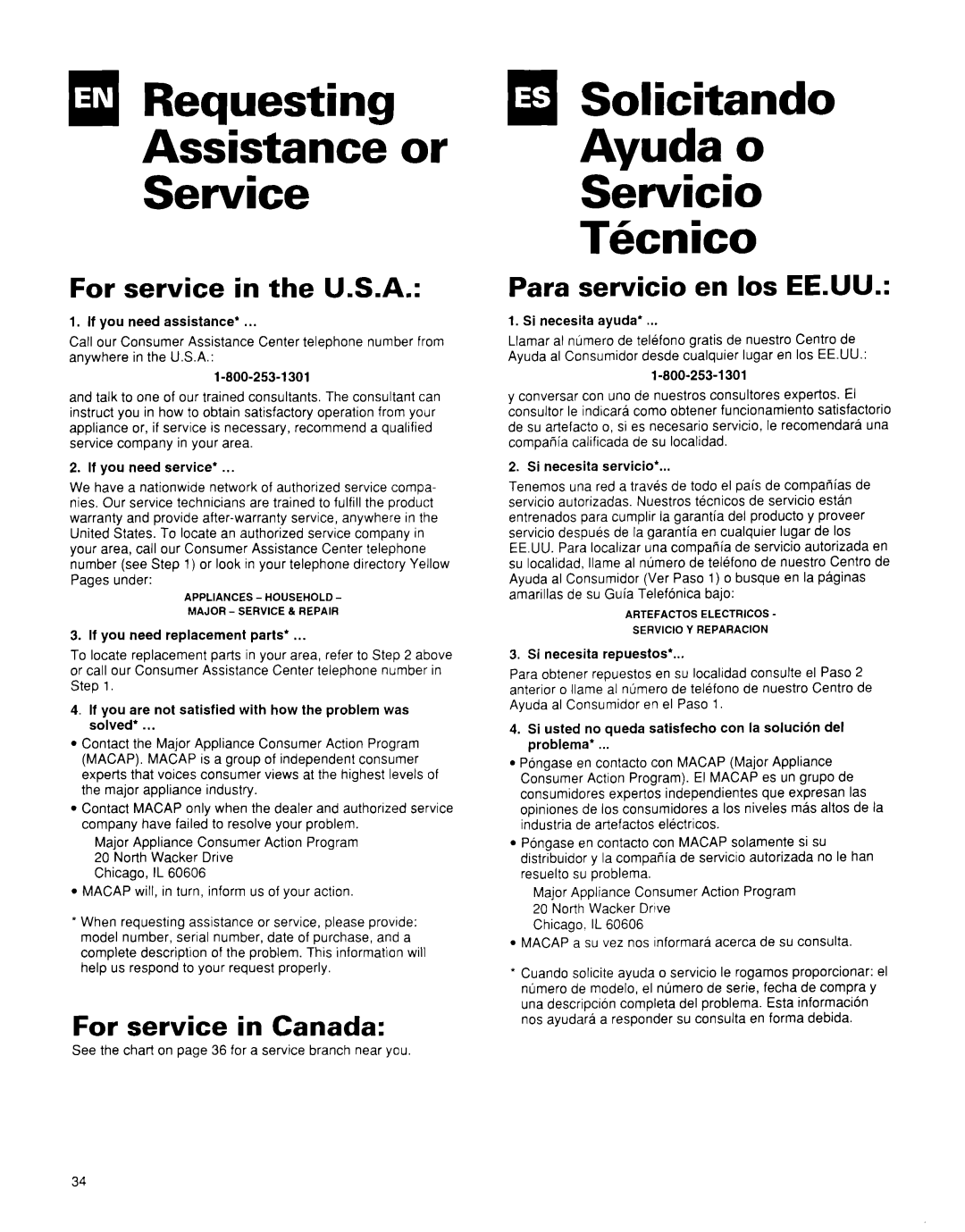 Whirlpool BHAC0600BS0 Requesting Assistance or Service, Solicitando Ayuda o Servicio Tknico, For service in the U.S.A 