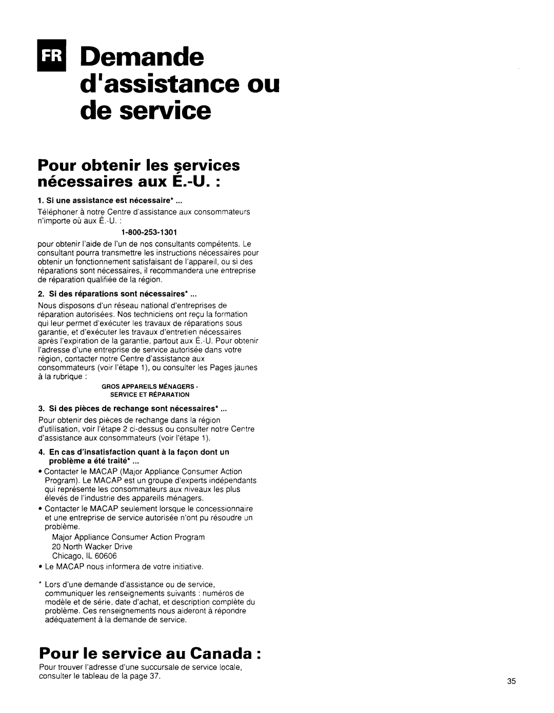 Whirlpool BHAC0600BS0 manual QlDemande d’assistance ou de service, Pour obtenir les services Nkessaires aux E.-U 