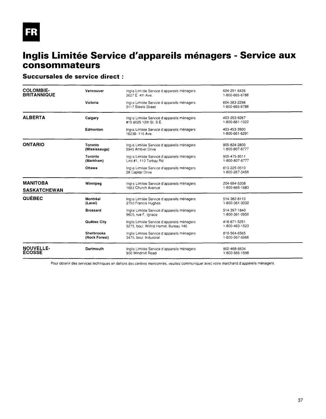 Whirlpool BHAC0600BS0 manual Succursales de service direct 