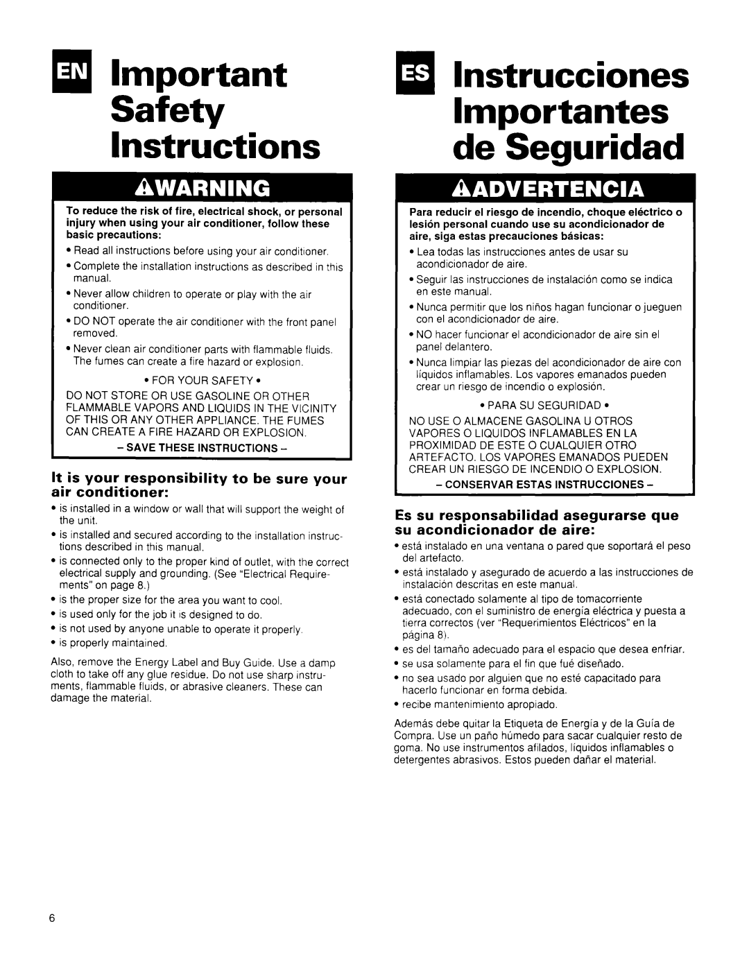 Whirlpool BHAC0600BS0 Safety Lnstrtictions, It is your responsibility to be sure your air conditioner, For Your Safety l 