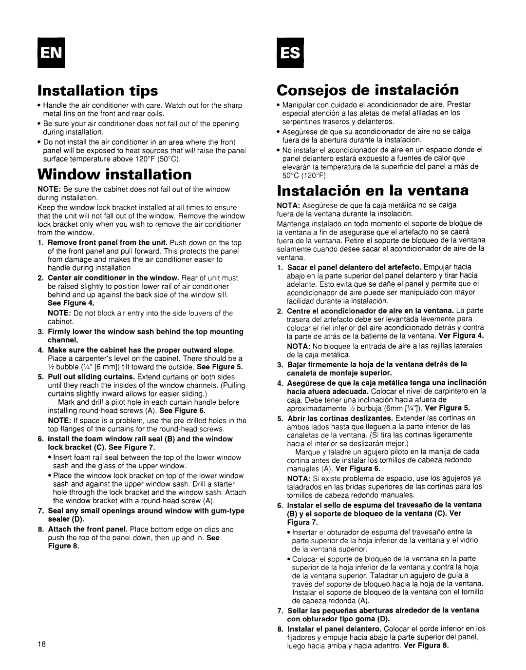 Whirlpool BHAC0600BS0 manual Installation tips, Window installation, Consejos de instalacih, Instalacih en la ventana 