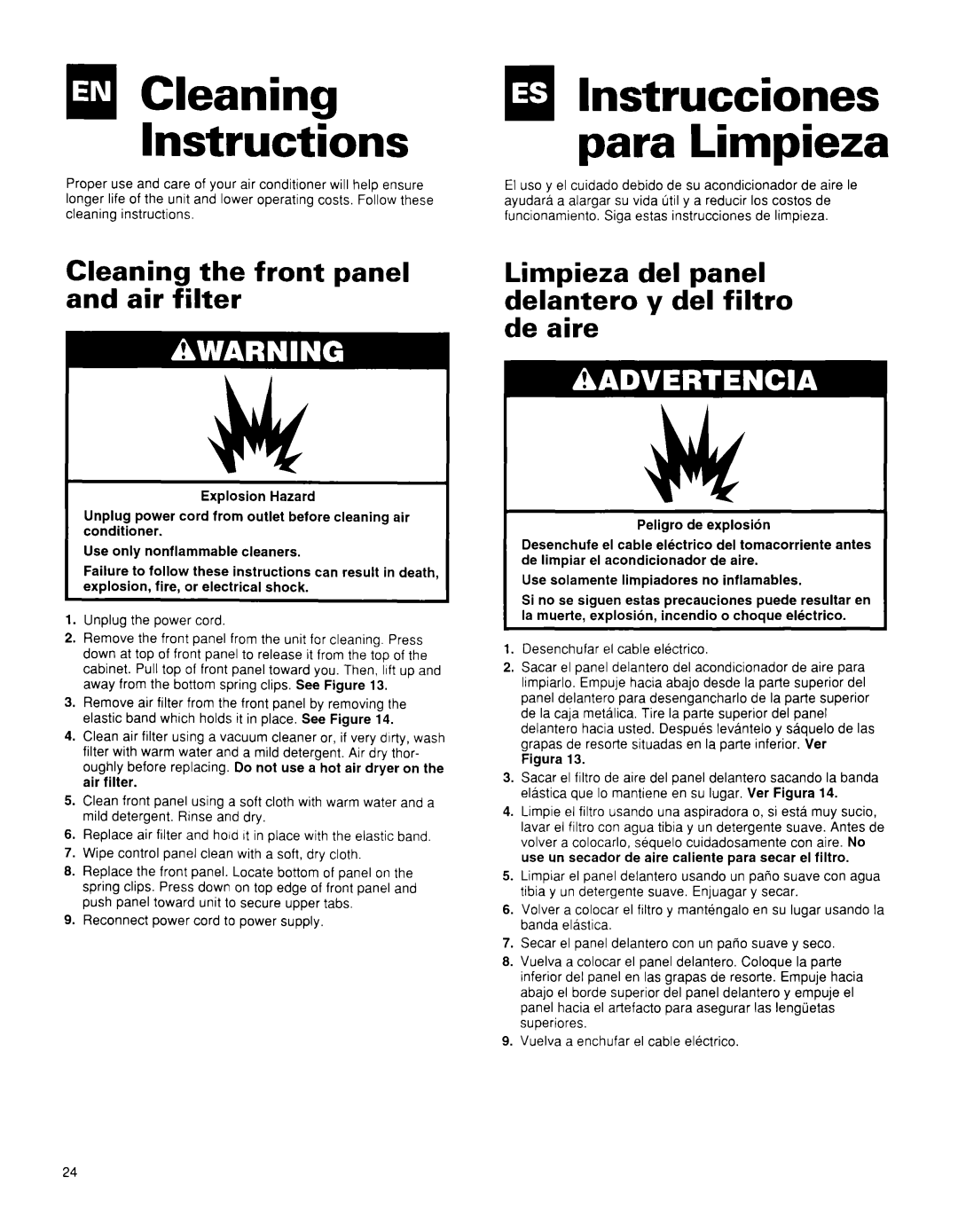 Whirlpool BHAC0600BS0 qCleaning Instructions, H lnstrucciones para Limpieza, the front, panel, and air, filter, delantero 