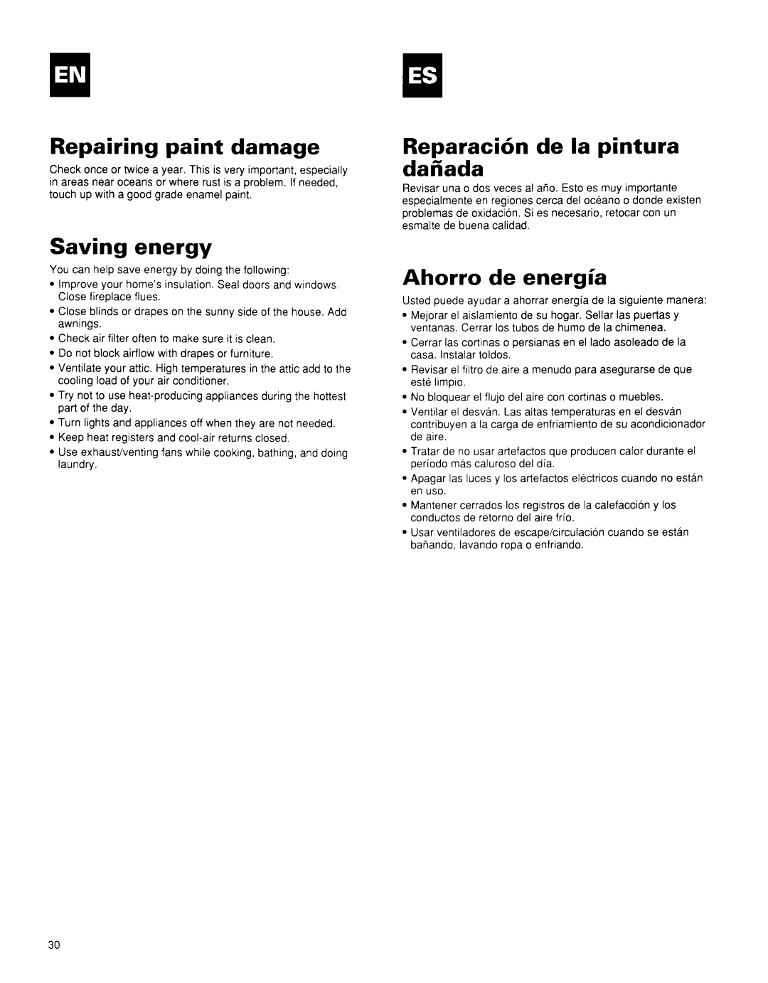 Whirlpool BHAC0600BS0 manual Repairing paint damage, Saving energy, Reparacibn de la pintura daCiada, Ahorro de energia 