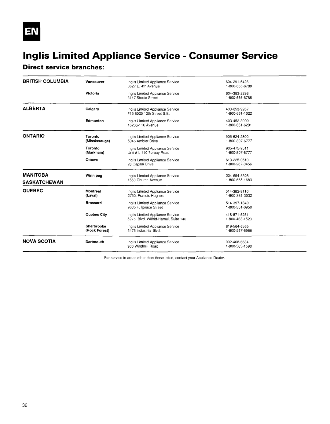 Whirlpool BHAC0600BS0 manual lnglis, Limited, Service, Consumer, Appliance, Direct, branches 