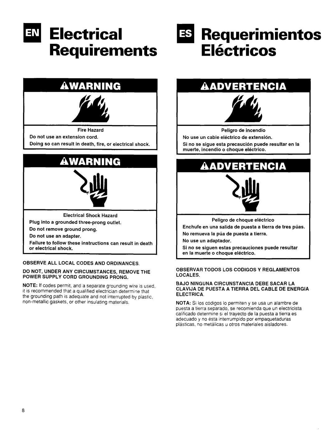 Whirlpool BHAC0600BS0 manual q Requerimientos Elktricos, q Electrical Requirements 