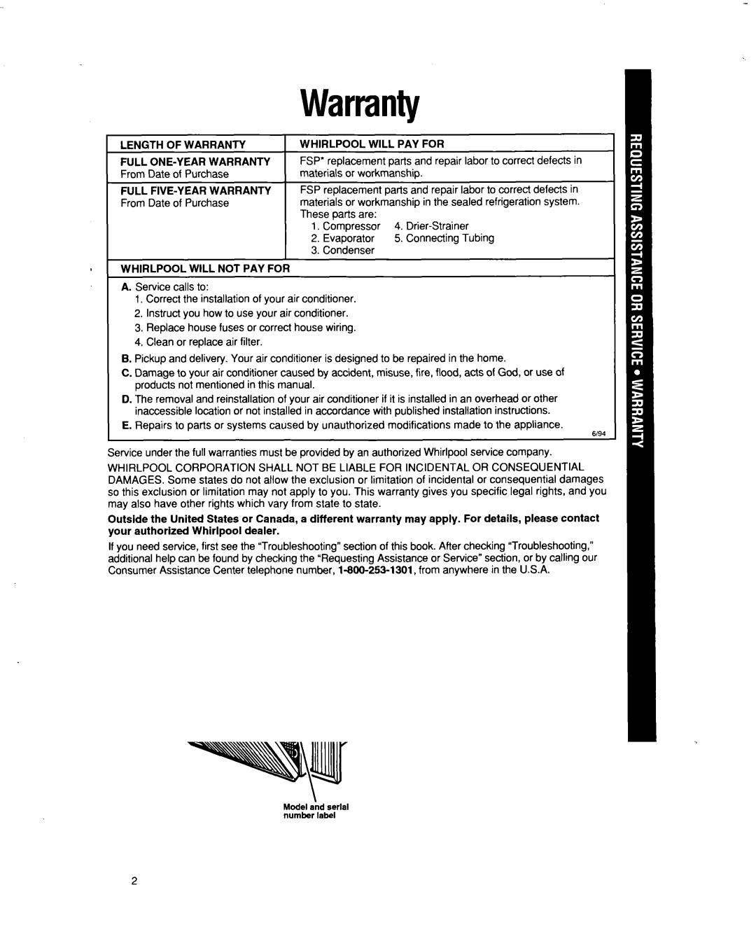 Whirlpool BHAC1000XS0 manual Whirlpool Will PAY for Full ONE-YEAR Warranty, Full FIVE-Y EAR Warranty 