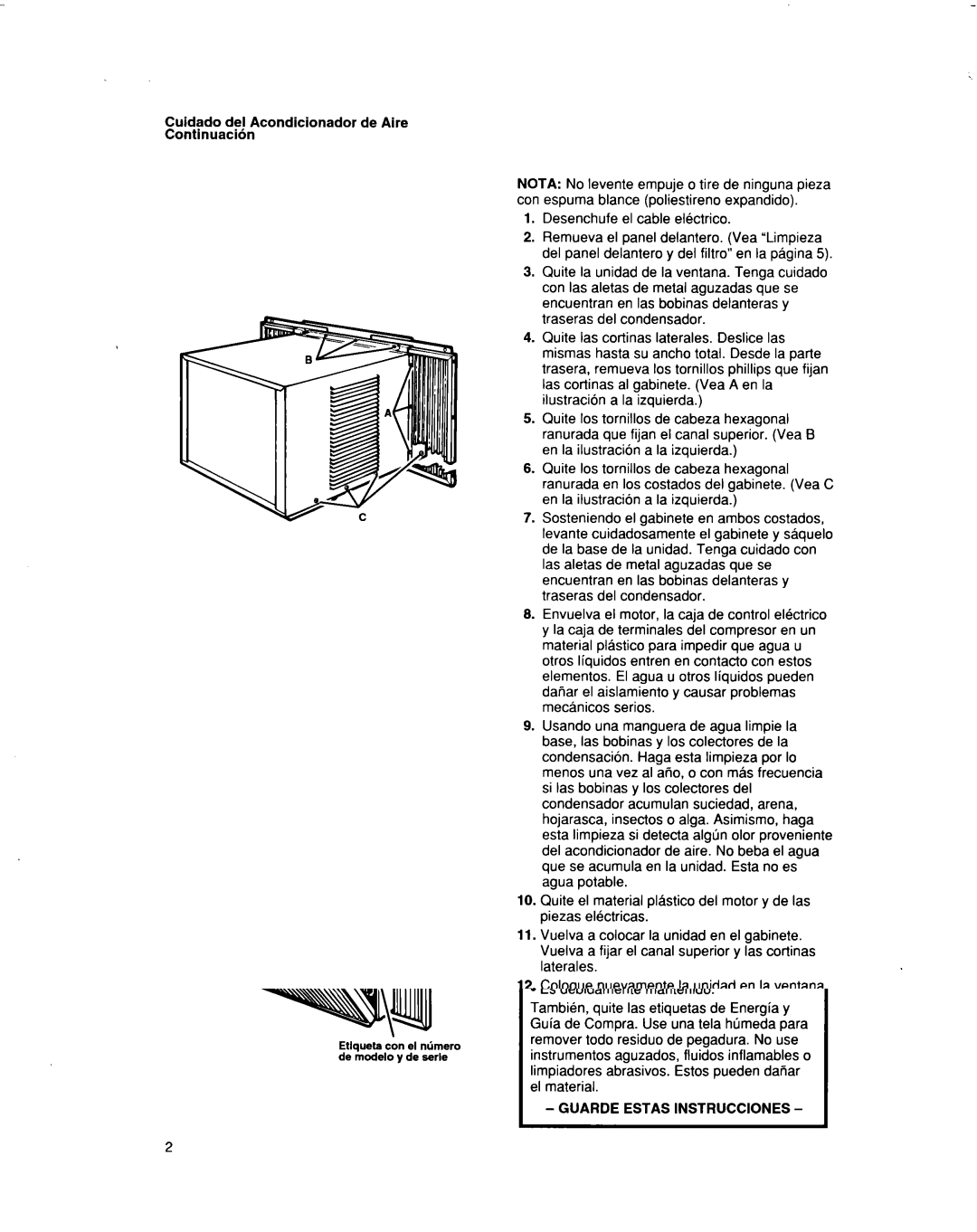 Whirlpool BHAC1000XS0 manual Cuidado del Acondicionador de Aire Continuacibn 