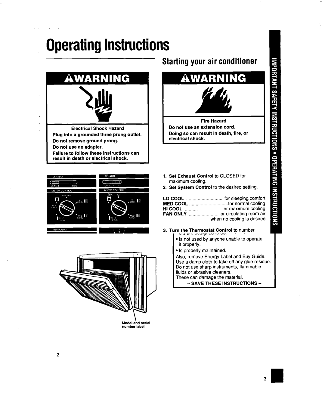 Whirlpool BHAC1000XS0 manual OperatingInstructions, Startingyour air conditioner, LO Cool, FAN only 