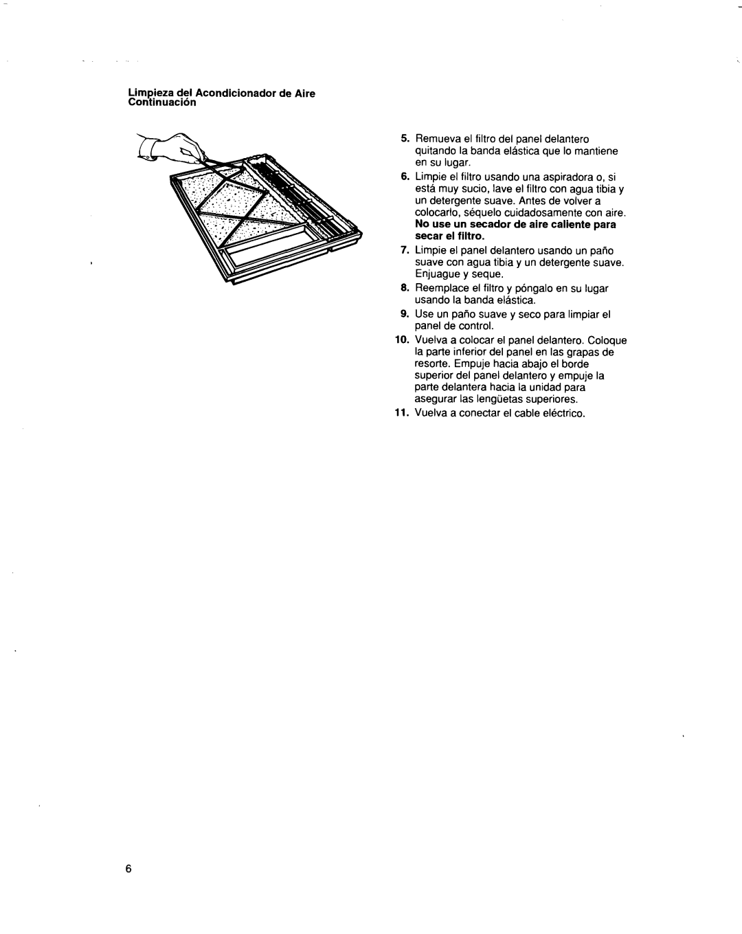 Whirlpool BHAC1000XS0 manual Limpieza del Acondicionador de Aire Continuacibn, Vuelva a conectar el cable electrico 