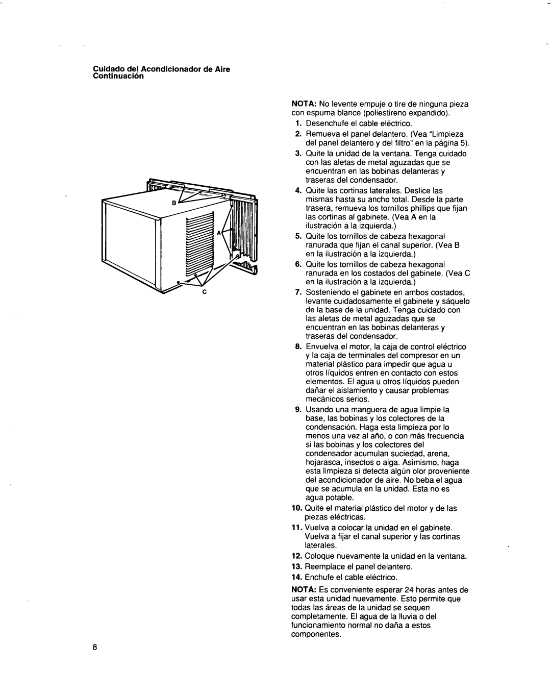 Whirlpool BHAC1000XS0 manual Cuidado del Acondicionador de Aire Continuacibn 