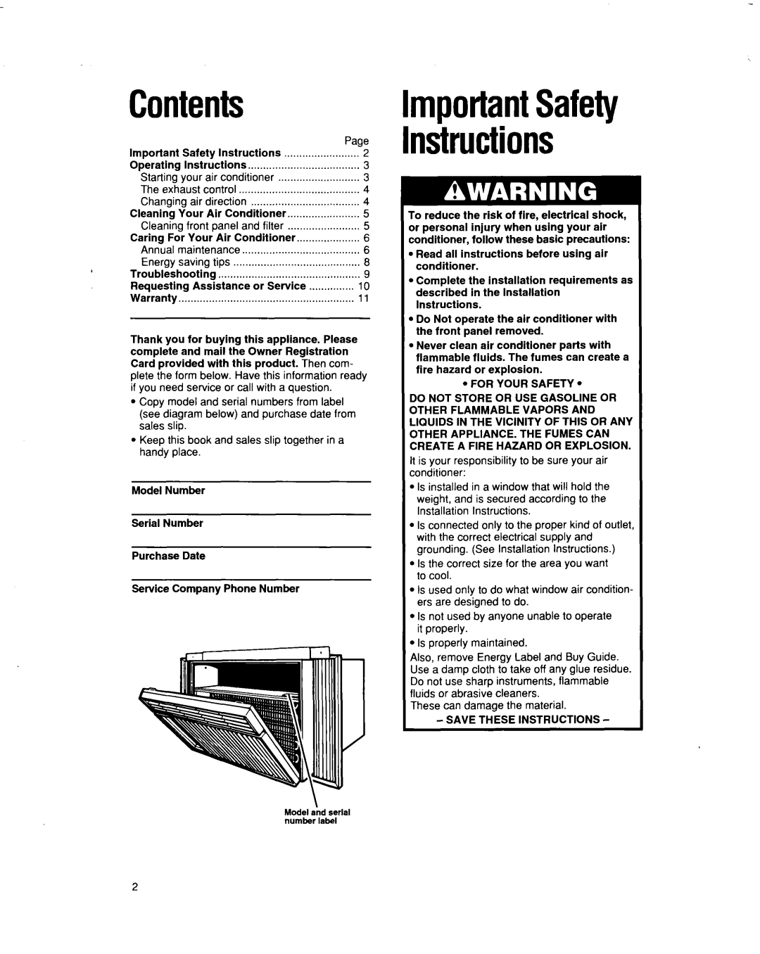 Whirlpool BHAC1000XS0 manual Contents, mportantSafety nstructions 