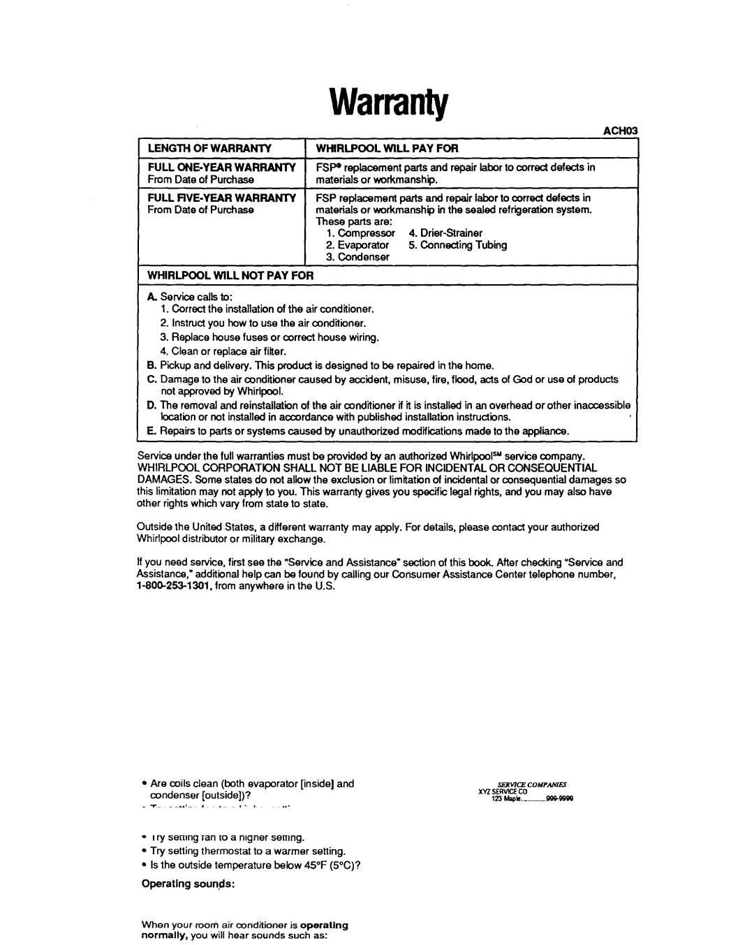 Whirlpool BHAC1400XS0 manual Warranty, From Date of Purchase 