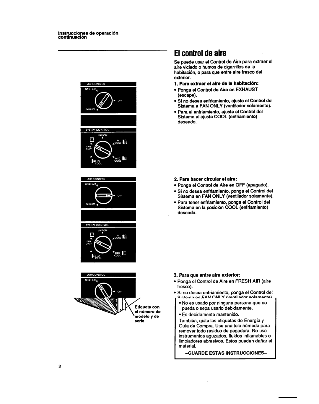 Whirlpool BHAC1400XS0 manual Elcontroldeaire, Lnstrucclones de operacldn contlnuackn 