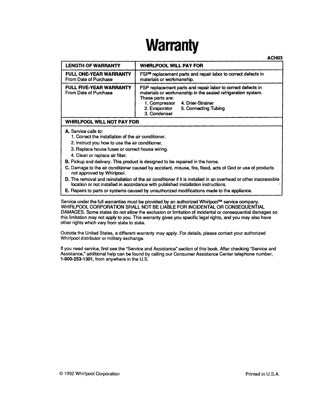 Whirlpool BHAC1400XS0 manual Warranty 