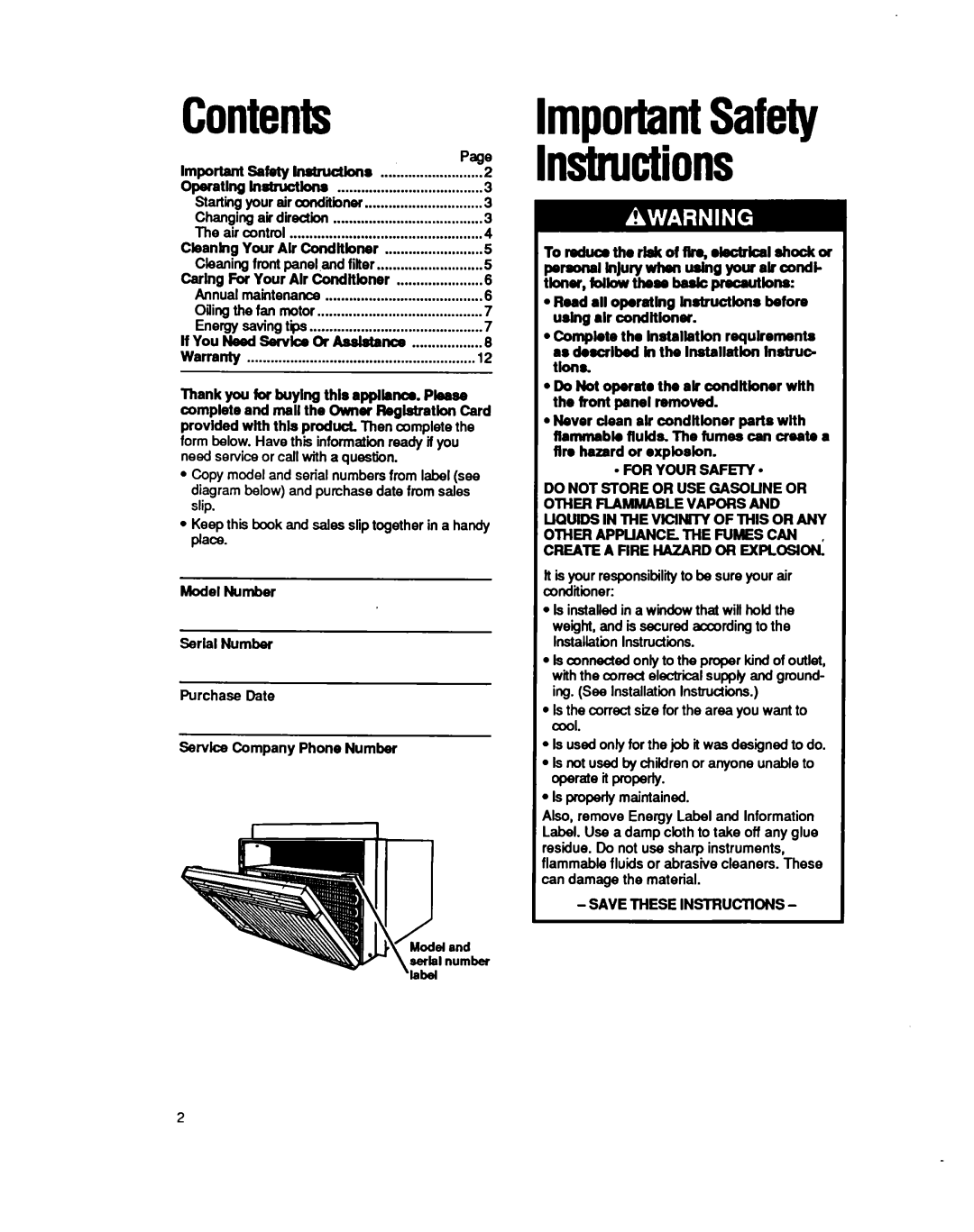 Whirlpool BHAC1400XS0 manual Contents, ImportantSafety instructions, Page 