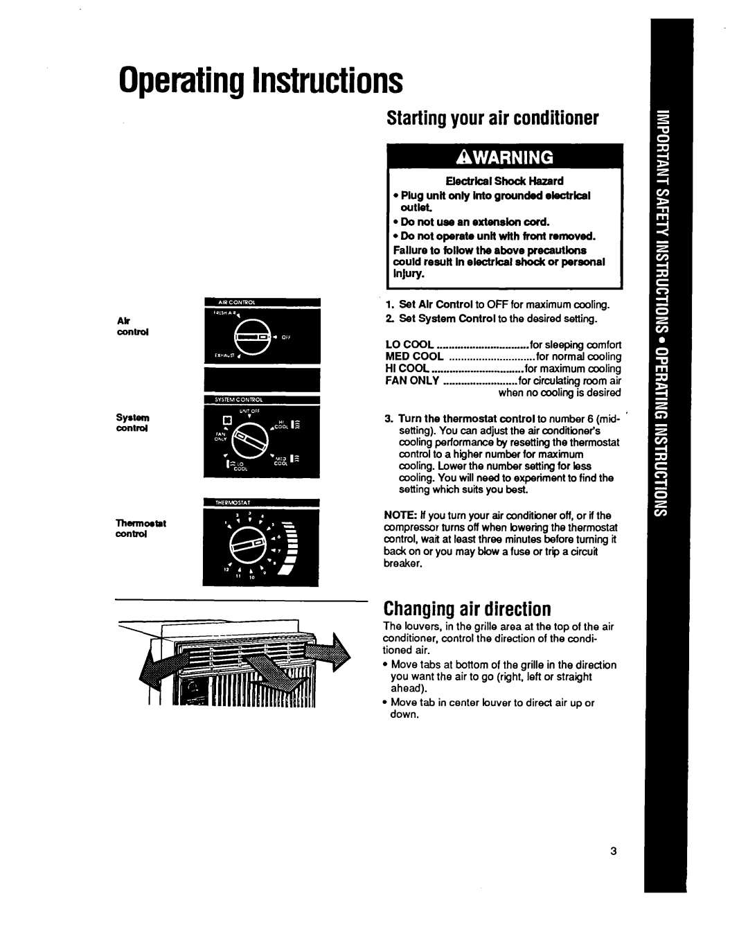 Whirlpool BHAC1400XS0 manual OperatingInstructions, Startingyour air conditioner, Changingair direction 