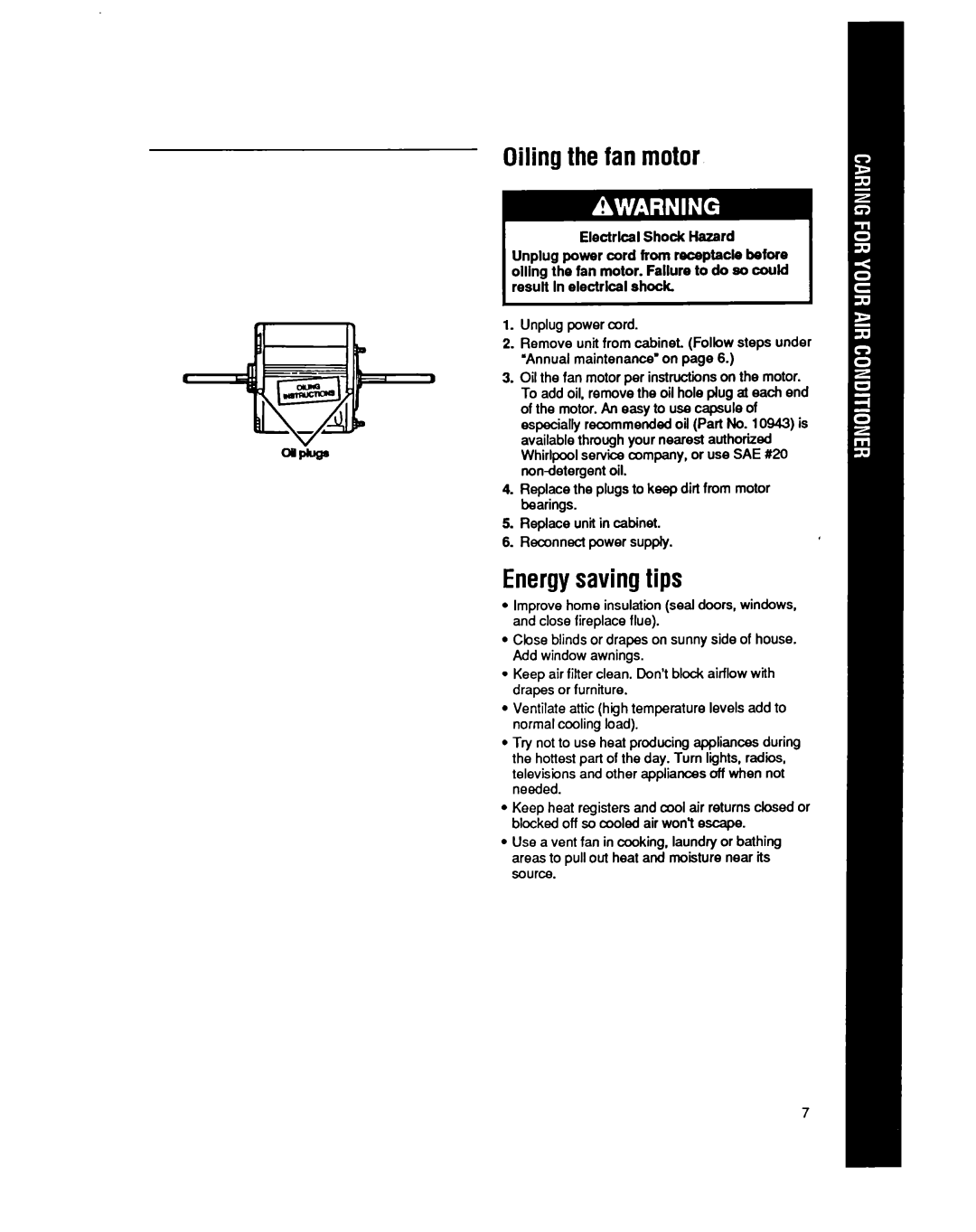 Whirlpool BHAC1400XS0 manual Oilingthe fan motor, Energysavingtips 