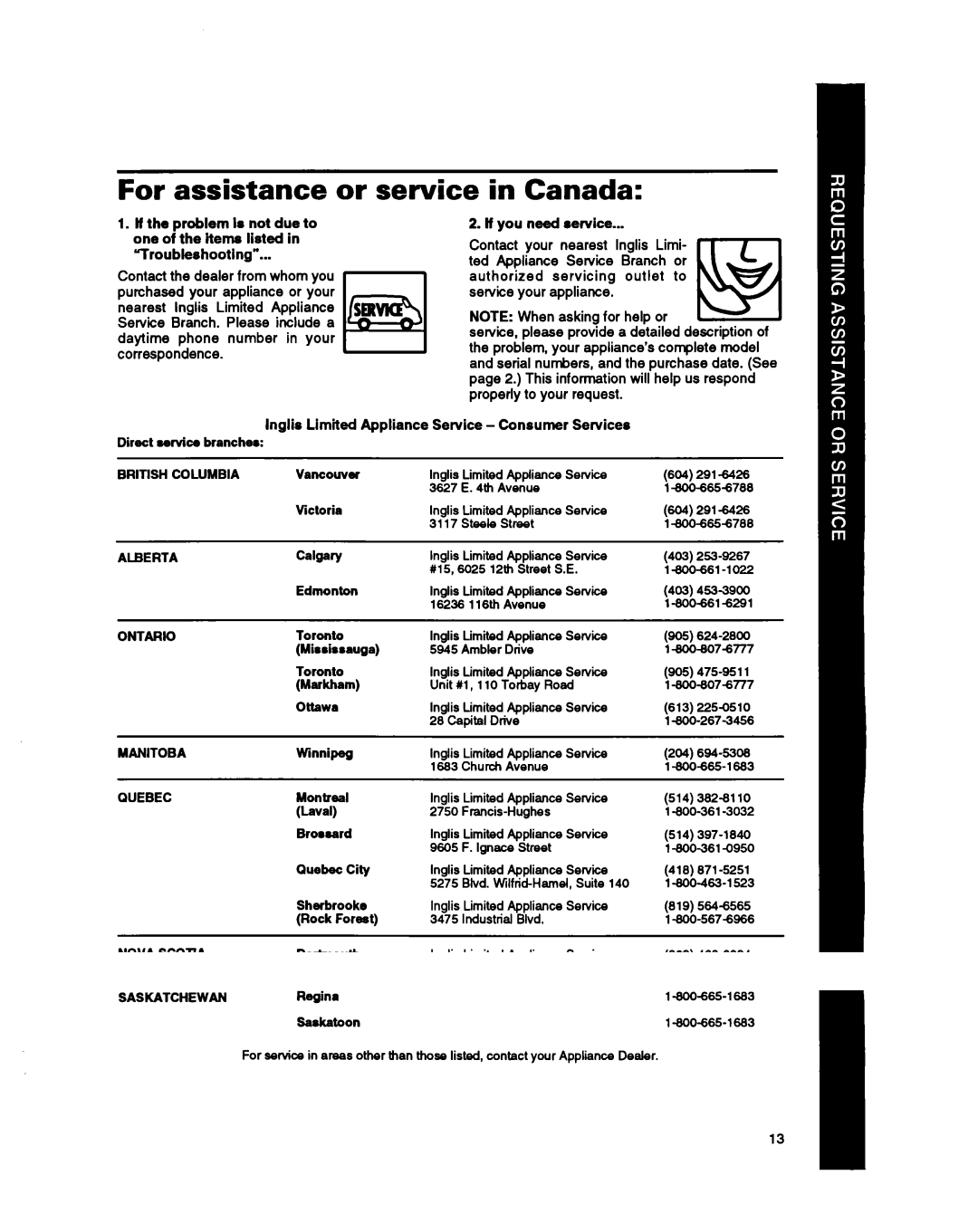 Whirlpool BHDH2500FS0 manual For assistance or service, Canada, Service Consumer Serviceo 