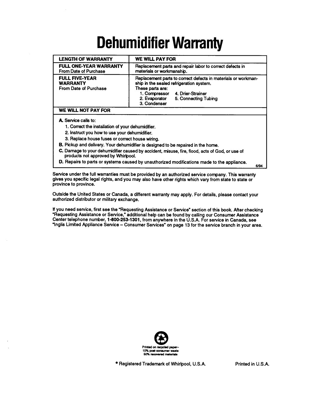 Whirlpool BHDH2500FS0 manual DehumidifierWarranty, Length of Warranty WE will PAY for Full ONE-YEAR Warranm, Full FIVE-YEAR 