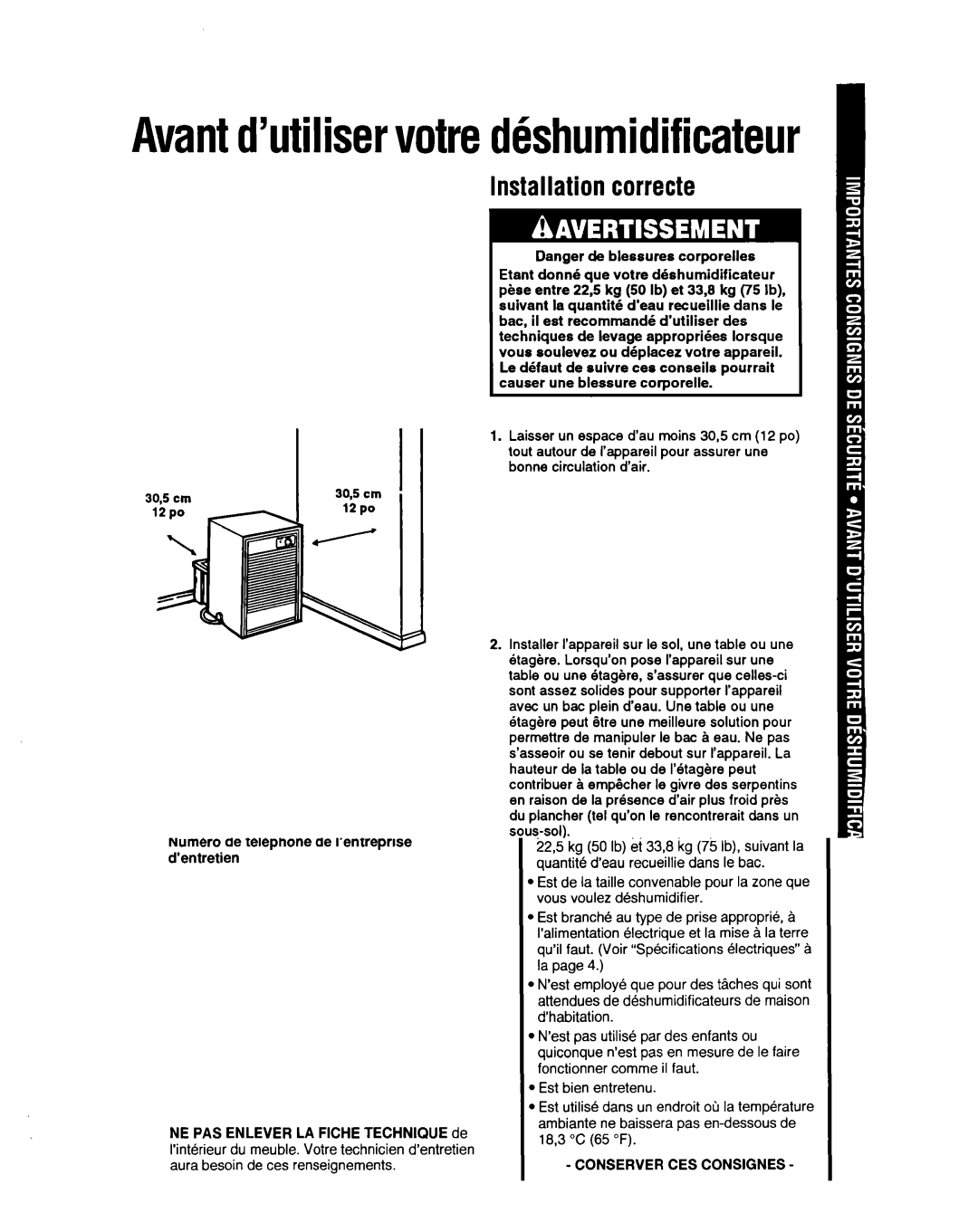 Whirlpool BHDH2500FS0 manual Avantd’utiliservotred&humidificateur, Installation correcte 