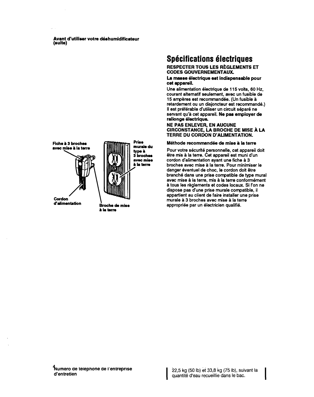 Whirlpool BHDH2500FS0 manual Spbcifications6lectriques, ~u~aJjd’utiliser votre d6shumidificateur 