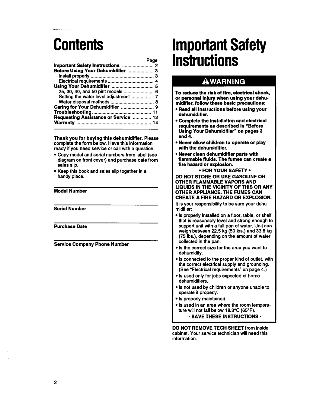 Whirlpool BHDH2500FS0 Instructions Before Using Your Dehumldifler, 25, 30, 40, and 50 pint models, Assistance Or Senrice 