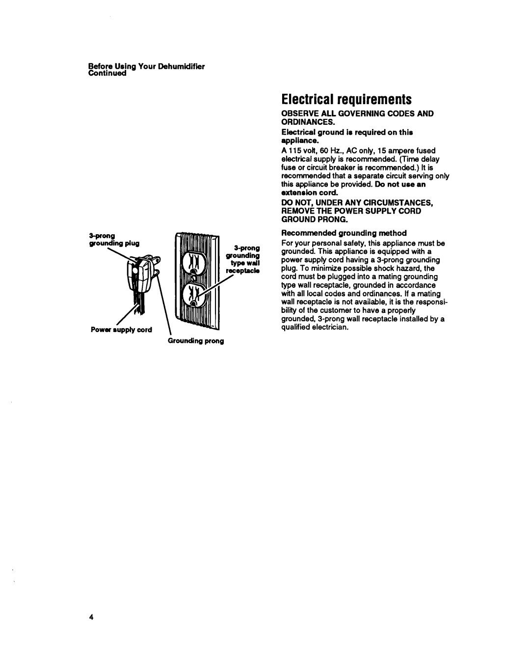 Whirlpool BHDH2500FS0 Electrical requirements, Before Using Your Dehumidifier, Observe ALL Governing Codes and Ordinances 