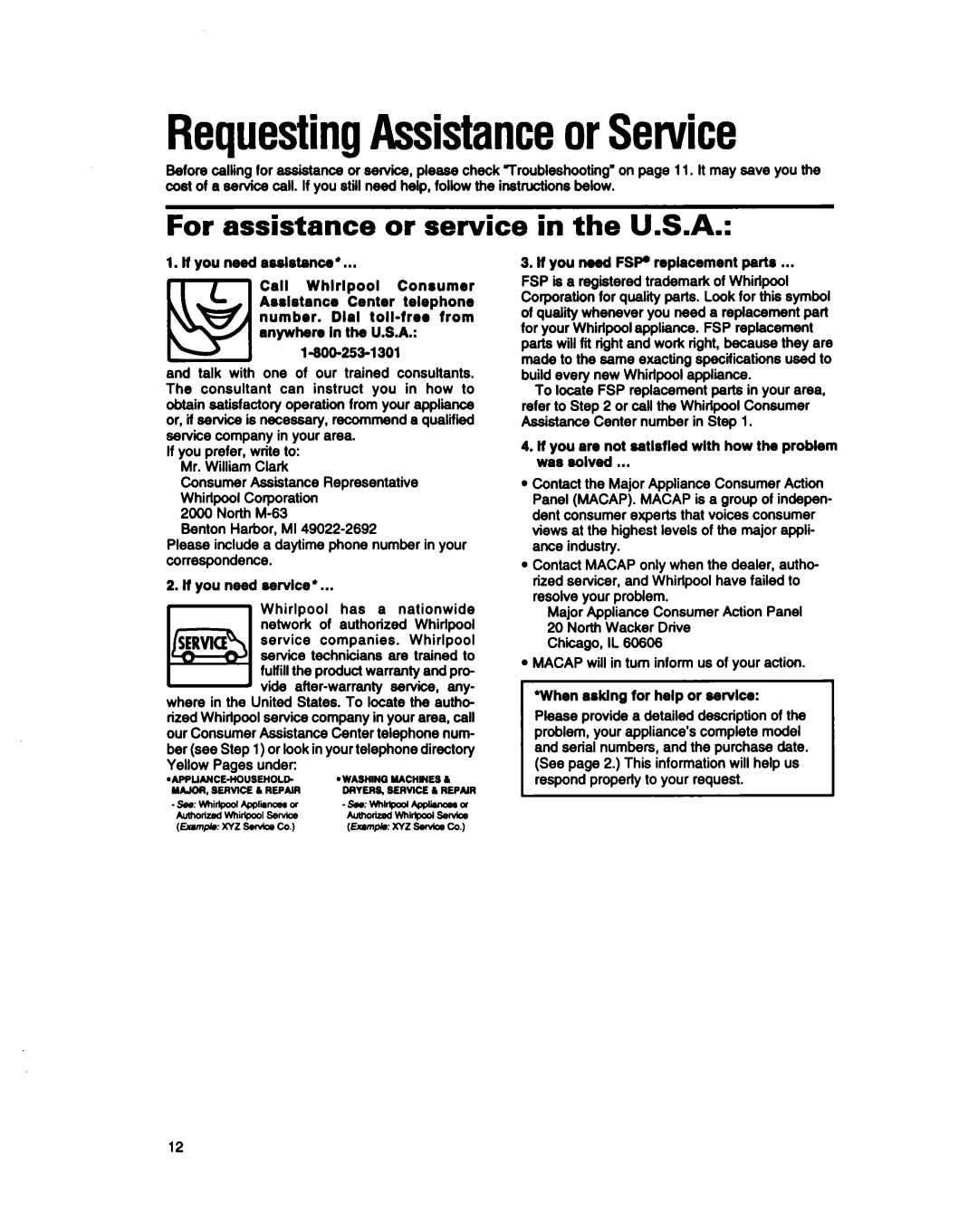 Whirlpool BHDH2500FS0 manual For assistance or service in the U.S.A, RequestingAssistanceorSenrice 