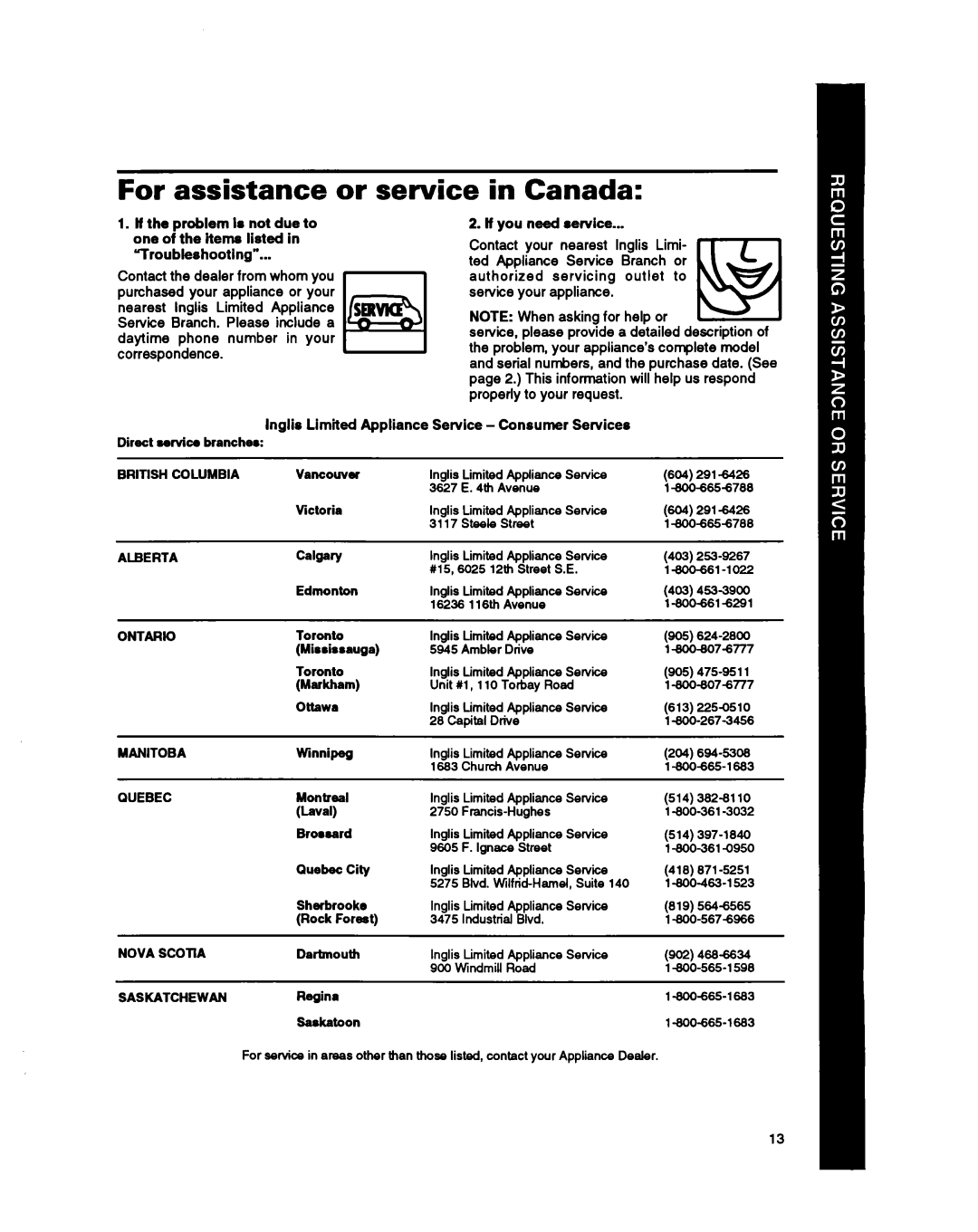 Whirlpool BHDH2500FS0 manual For assistance or service, in Canada 