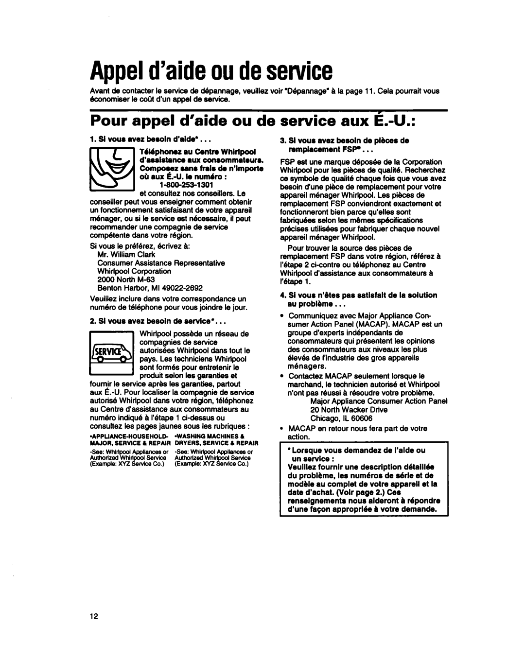 Whirlpool BHDH2500FS0 manual Appeld’aideoudeservice, Pour appel d’aide ou de service aux k-U 