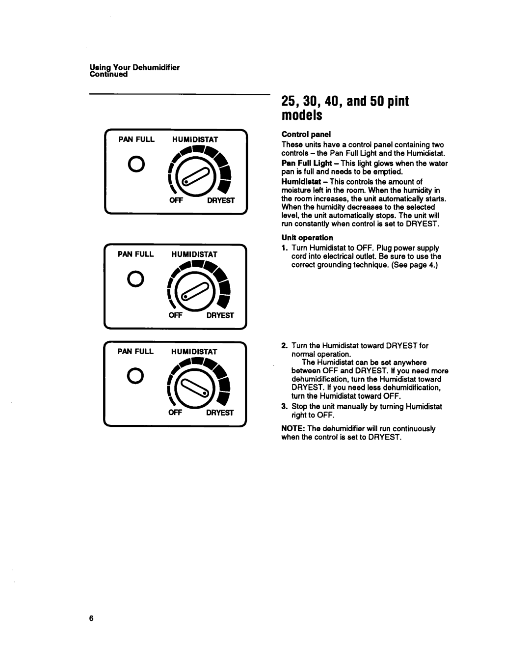 Whirlpool BHDH2500FS0 manual 25,30,40, and50 pint models 