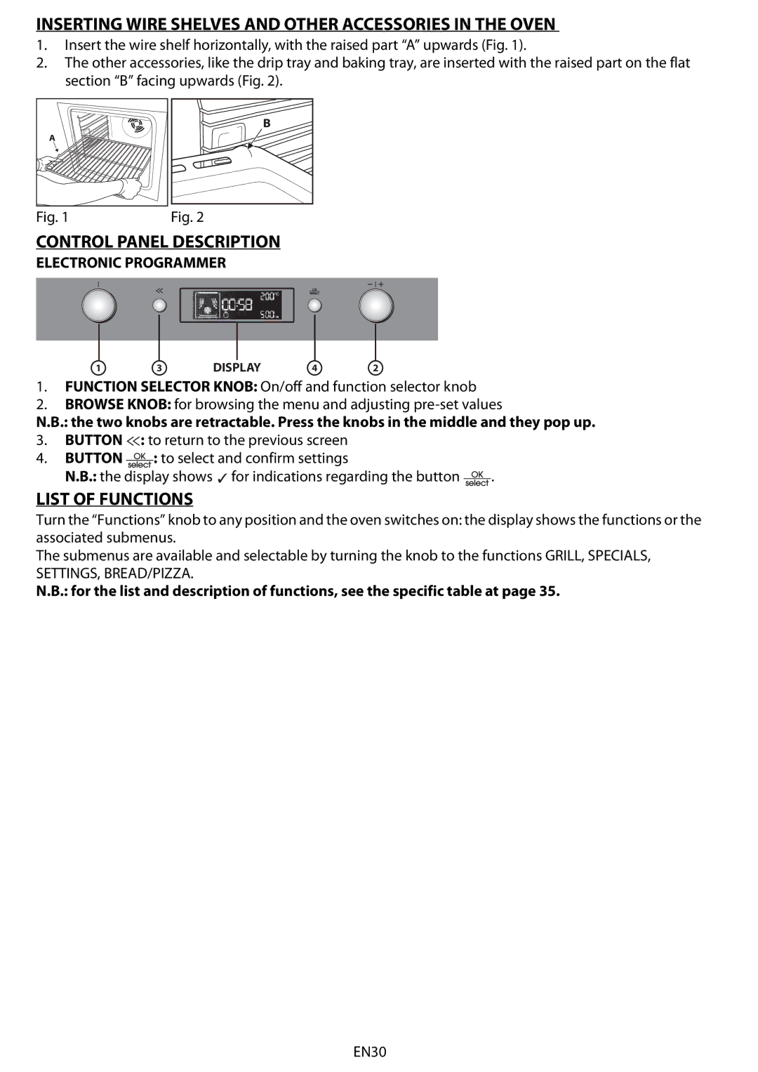 Whirlpool BMVE 8200 Inserting Wire Shelves and Other Accessories in the Oven, Control Panel Description, List of Functions 