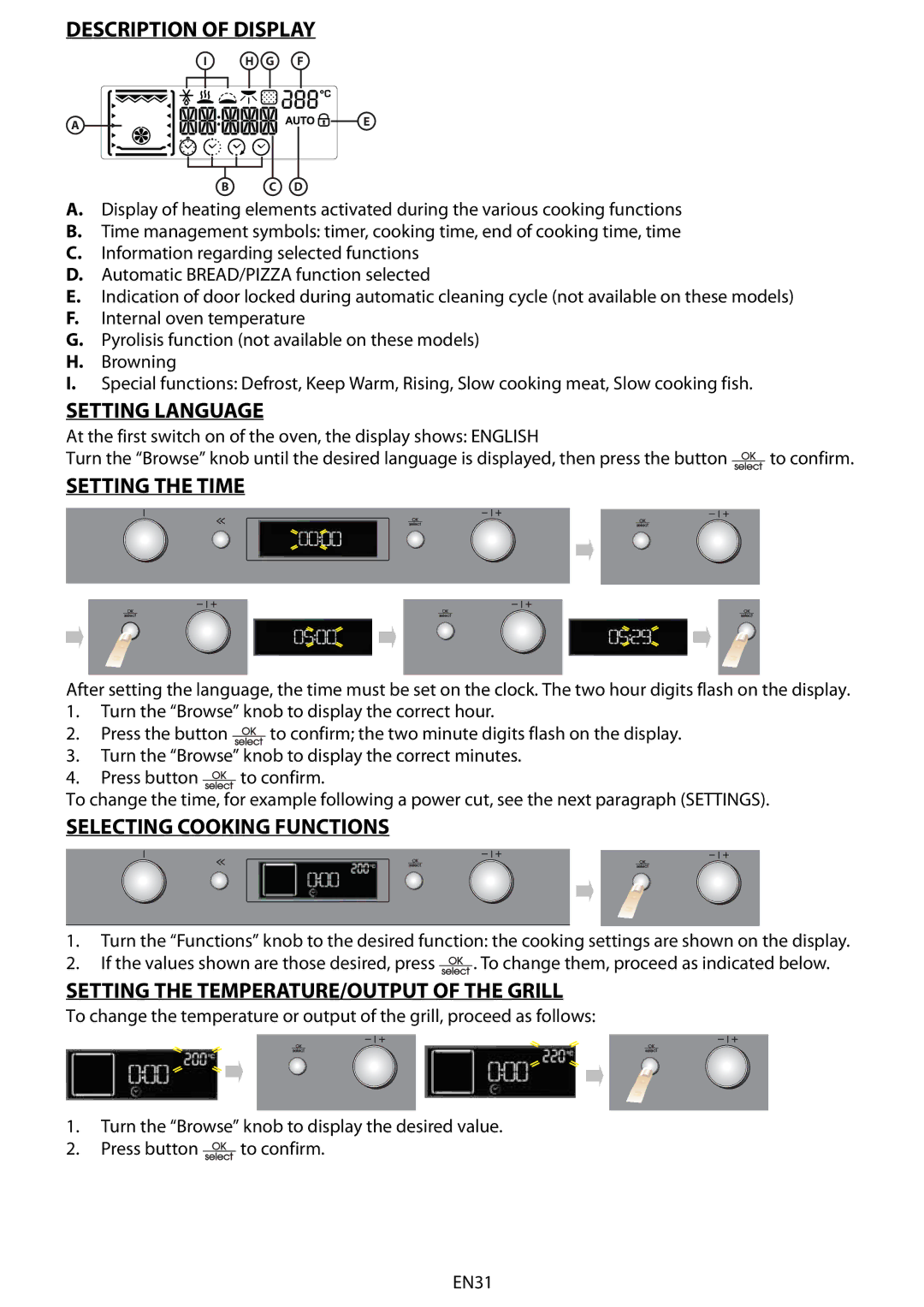 Whirlpool BMVE 8200 Description of Display, Setting Language, Setting the Time, Selecting Cooking Functions 