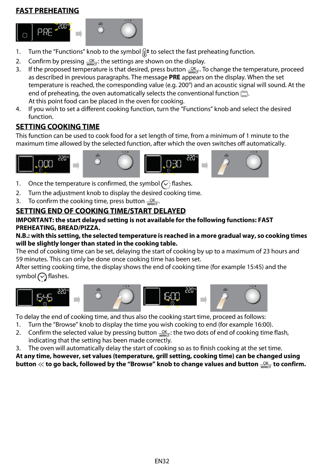 Whirlpool BMVE 8200 manuel dutilisation Fast Preheating, Setting Cooking Time, Setting END of Cooking TIME/START Delayed 