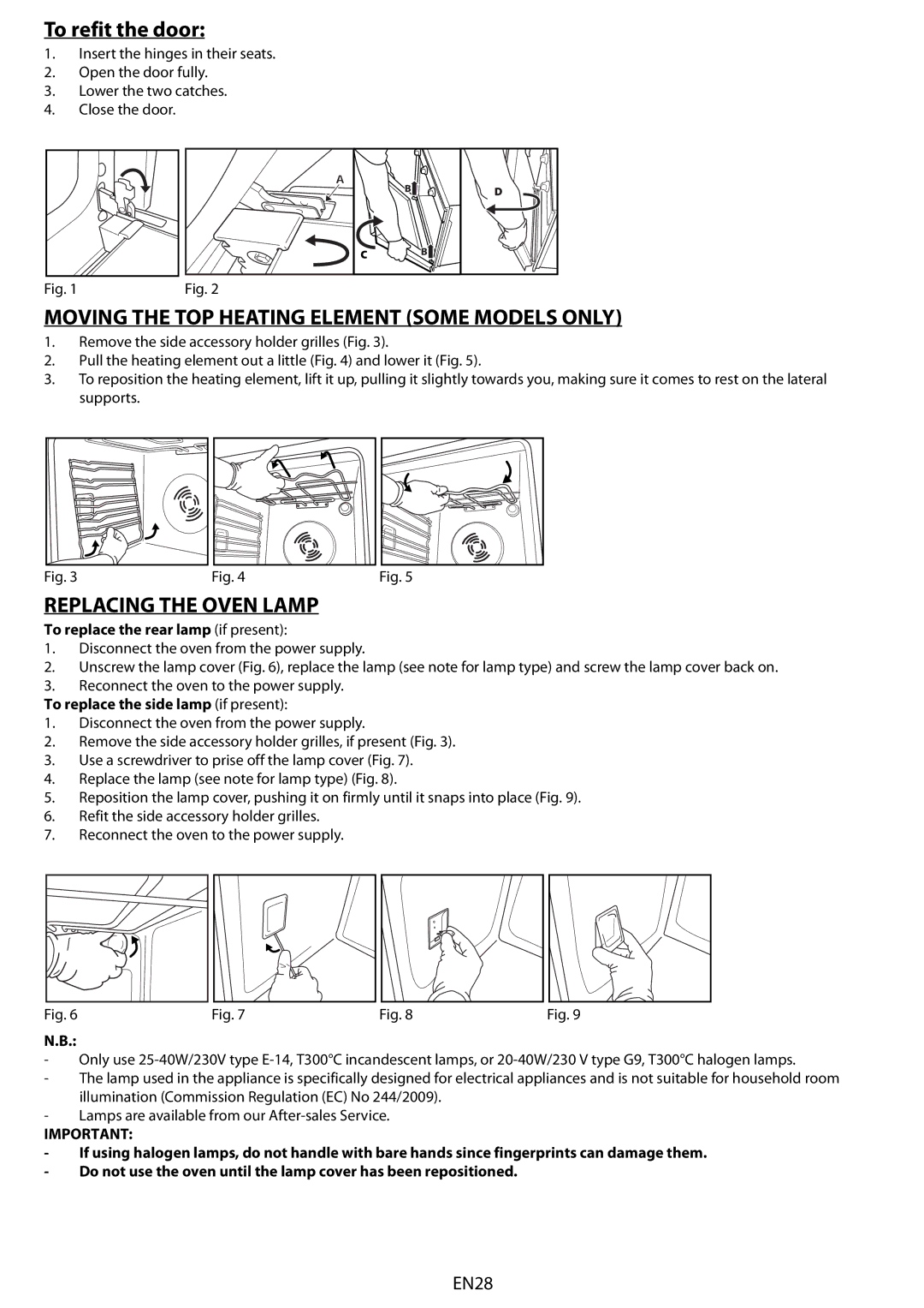 Whirlpool BMVE 8200 To refit the door, Moving the TOP Heating Element Some Models only, Replacing the Oven Lamp 
