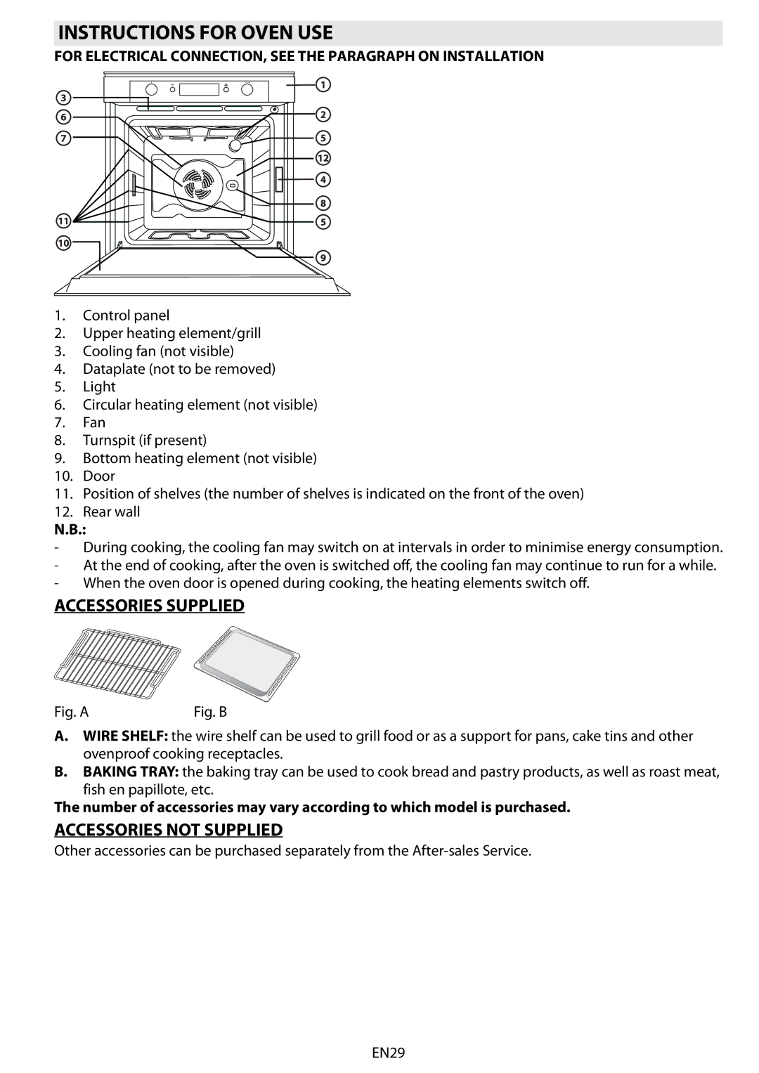 Whirlpool BMVE 8200 manuel dutilisation Instructions for Oven USE, Accessories Supplied, Accessories not Supplied 