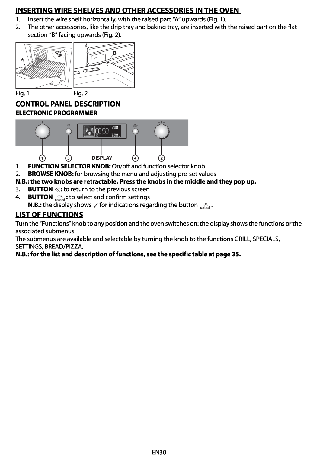 Whirlpool BMVE 8200 Inserting Wire Shelves And Other Accessories In The Oven, Control Panel Description, List Of Functions 