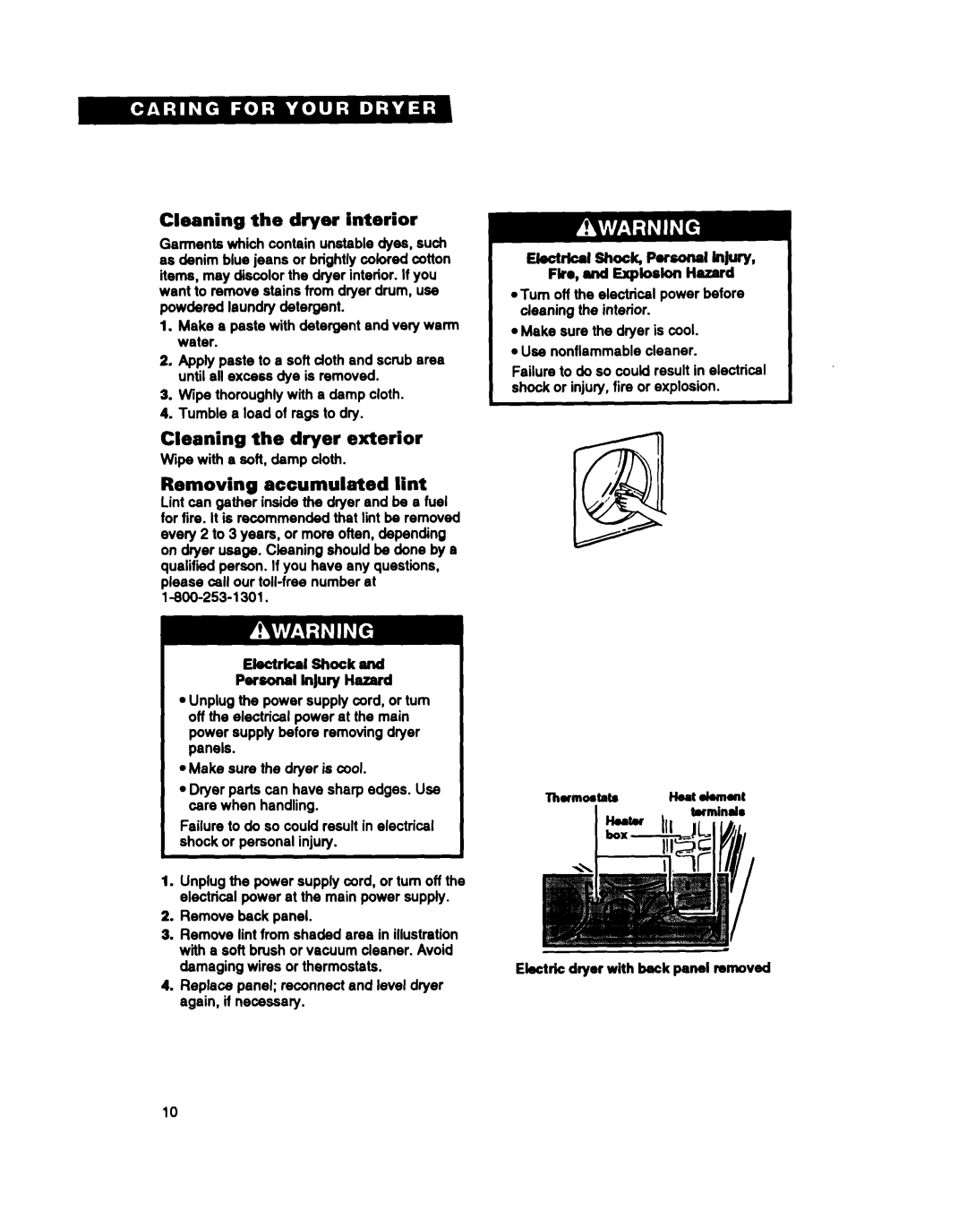 Whirlpool BYCCD3421W0 warranty Dryer, Cleaning the dryer exterior, Removing accumulated lint 