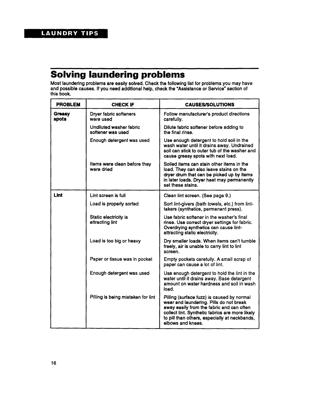 Whirlpool BYCCD3421W0 warranty Solving laundering problems, Problem, Causes/Solutions 