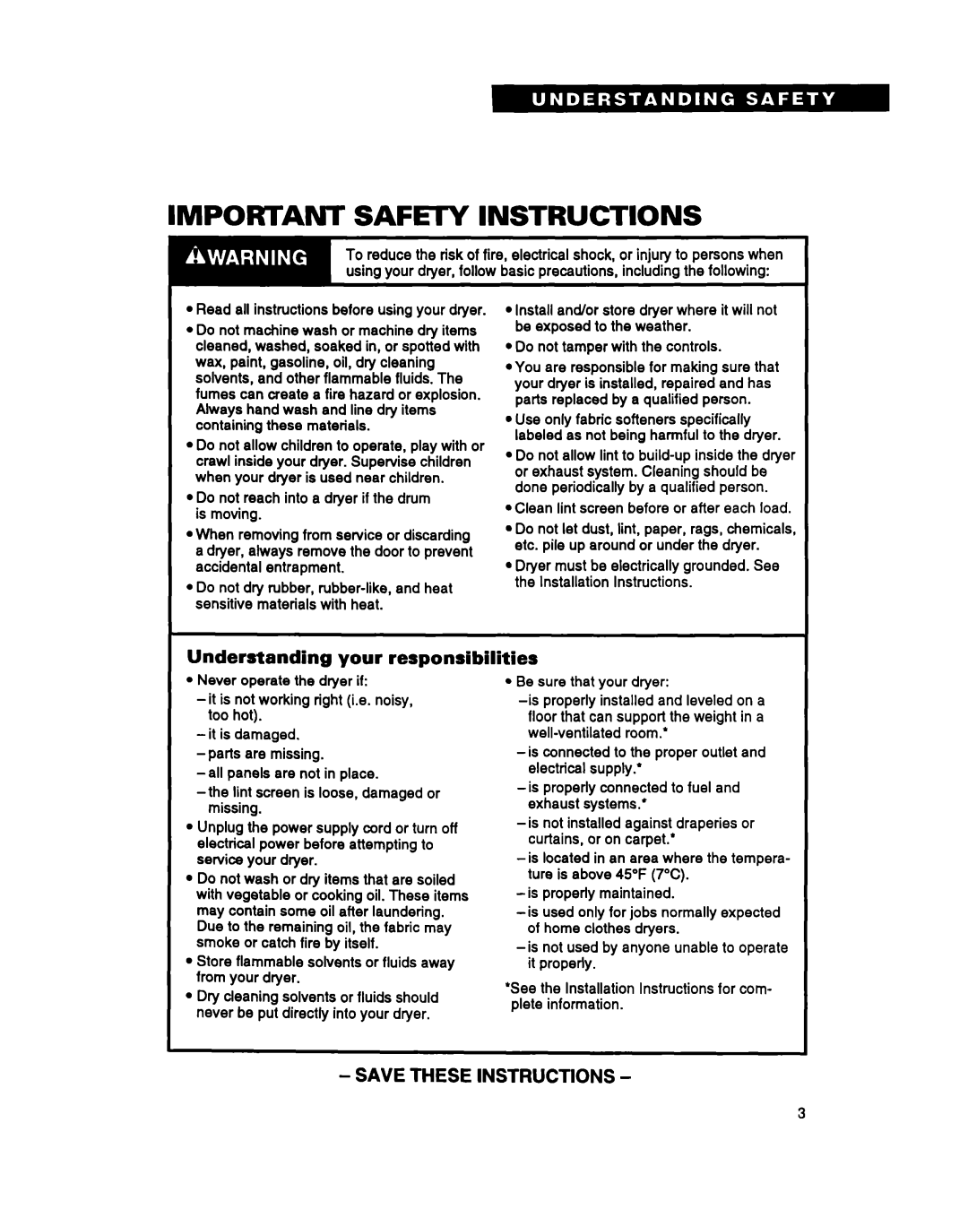 Whirlpool BYCCD3421W0 warranty Important Safety Instructions, Understanding your responslbllities 