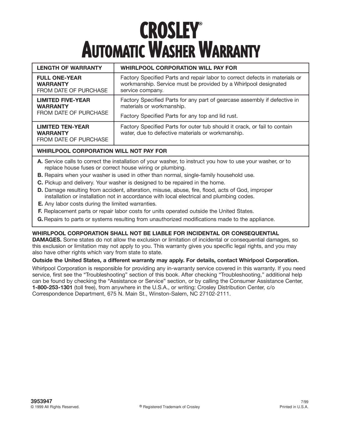 Whirlpool BYCW6292W0 warranty Crosley¨ 