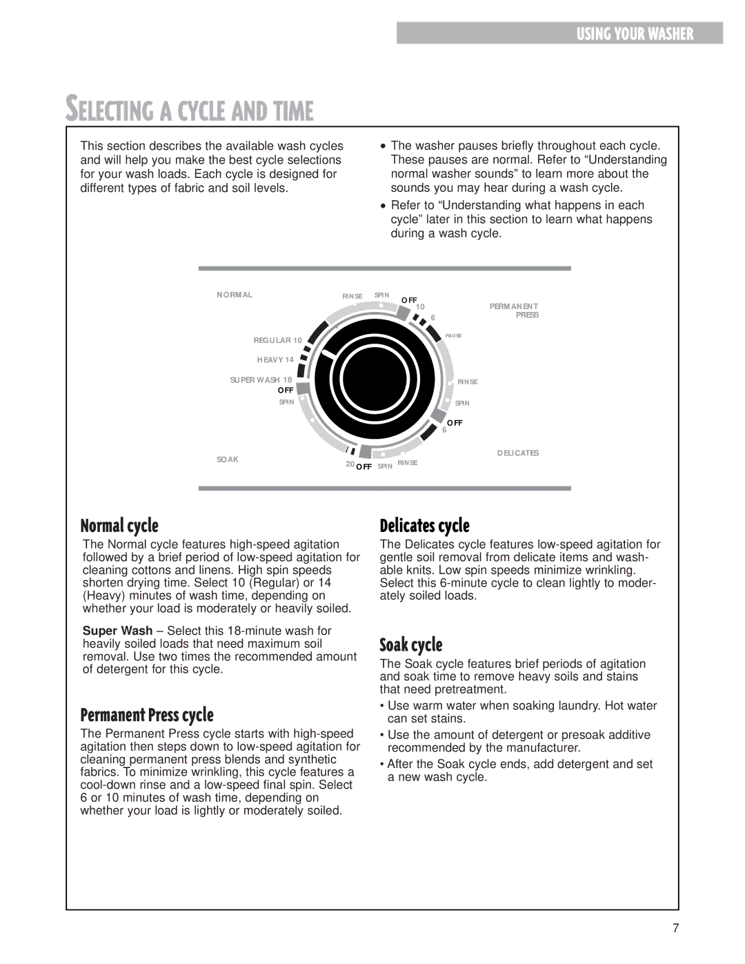 Whirlpool BYCW6292W0 warranty Selecting a Cycle and Time, Normal cycle, Permanent Press cycle, Delicates cycle, Soak cycle 