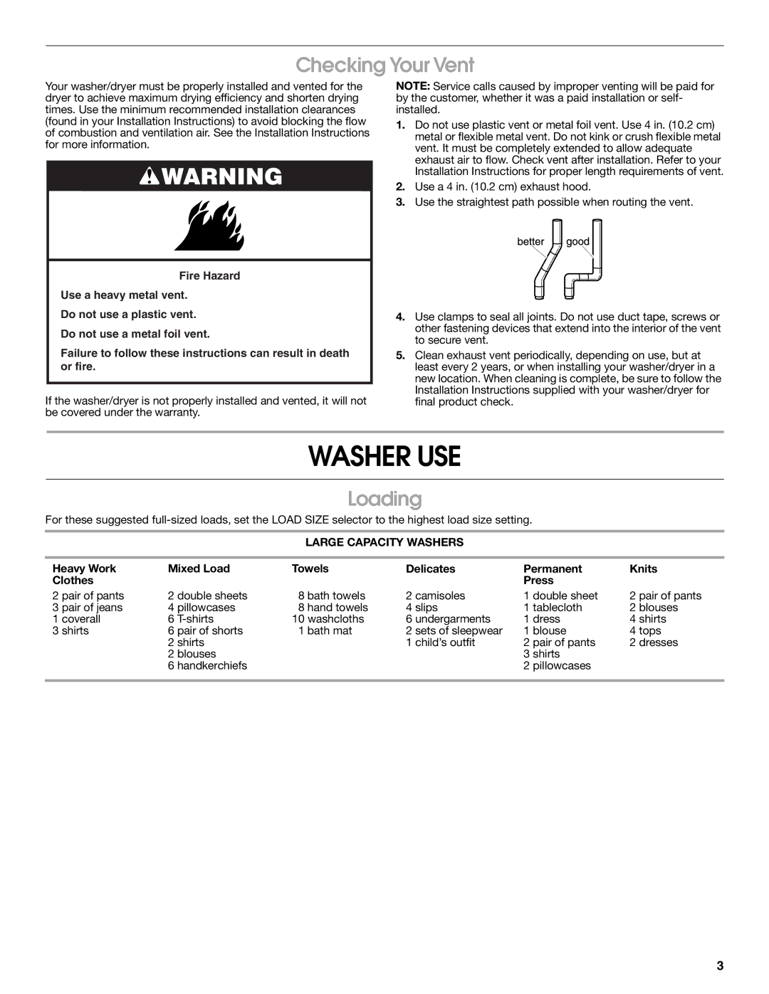 Whirlpool BYCWD6274W3 warranty Washer USE, Checking Your Vent, Loading, Large Capacity Washers 