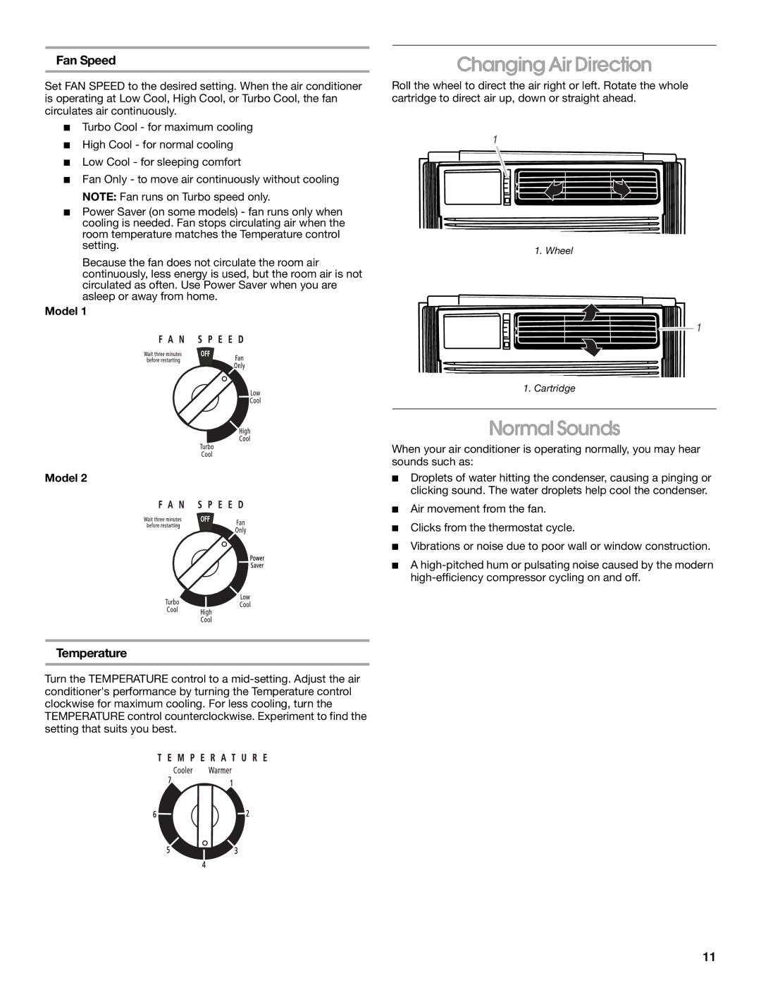 Whirlpool CA10WXP0 manual Changing Air Direction, Normal Sounds 