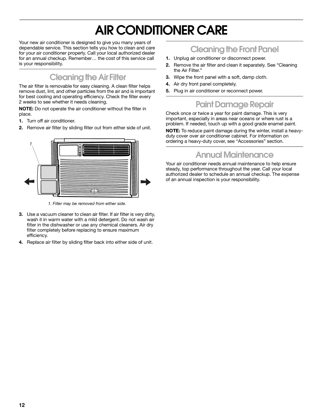 Whirlpool CA10WXP0 manual AIR Conditioner Care, Cleaning the Air Filter, Cleaning the Front Panel, Paint Damage Repair 