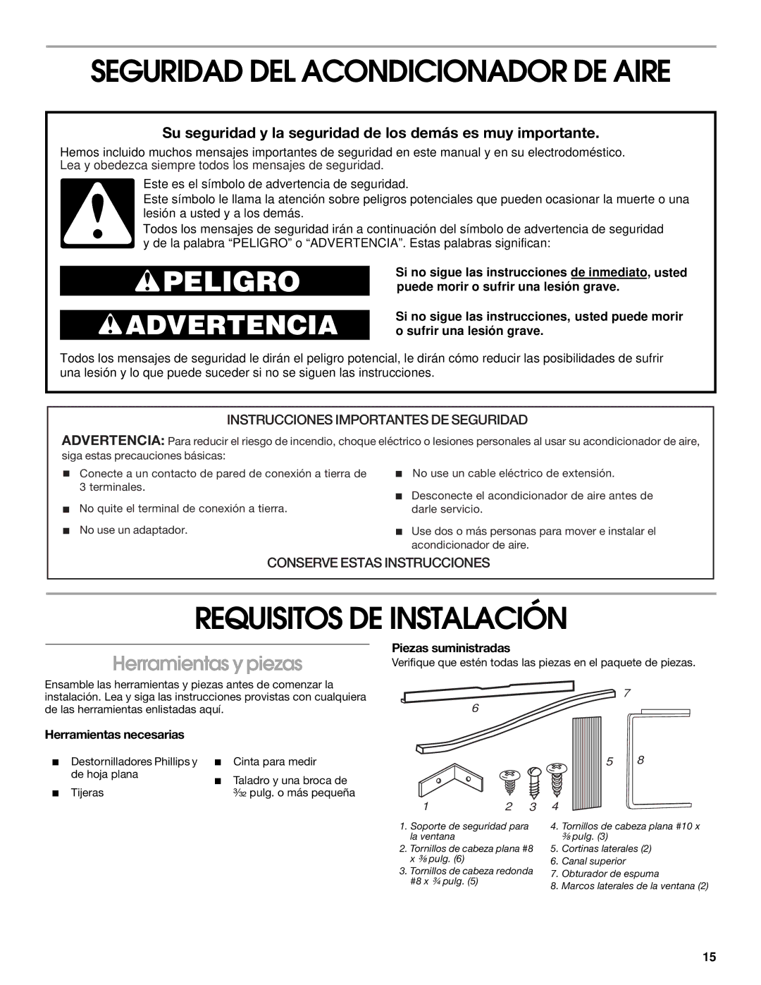 Whirlpool CA10WXP0 manual Seguridad DEL Acondicionador DE Aire, Requisitos DE Instalación, Herramientas y piezas 