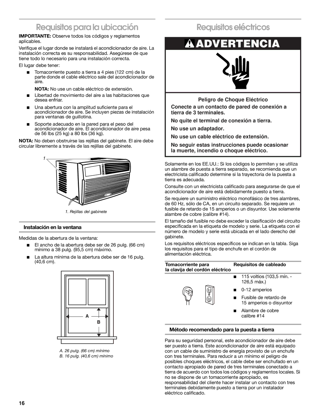 Whirlpool CA10WXP0 manual Requisitos para la ubicación, Requisitos eléctricos, Instalación en la ventana 