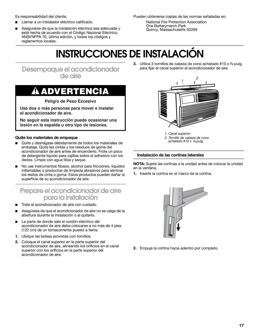 Whirlpool CA10WXP0 manual Instrucciones DE Instalación, Desempaque el acondicionador, De aire 